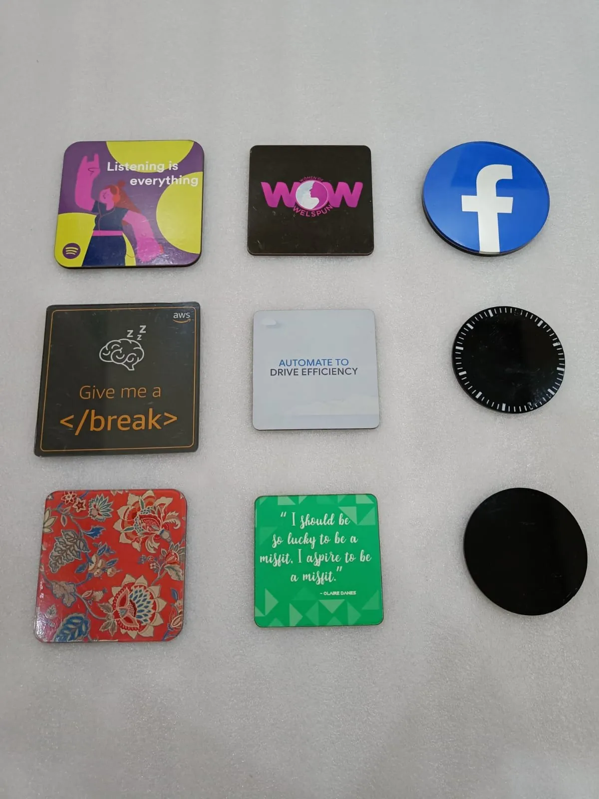 Coaster samples, including Facebook