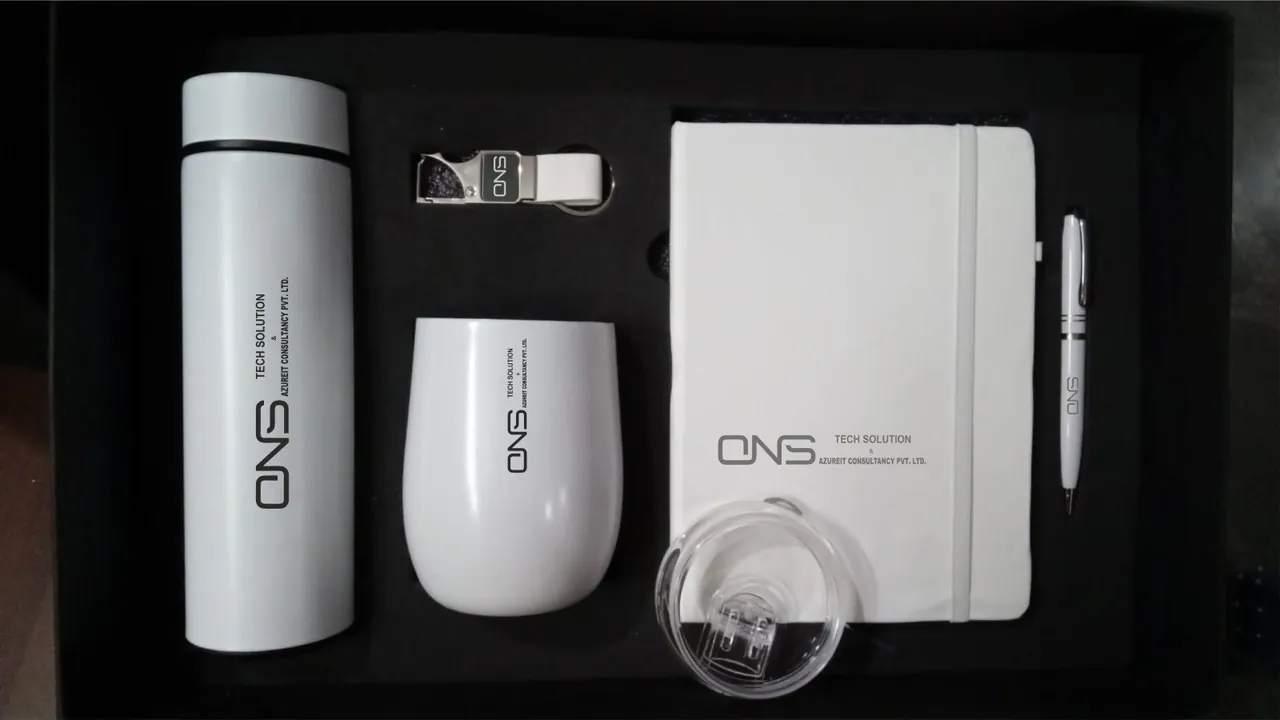 Branded flask, tumbler and notebook set