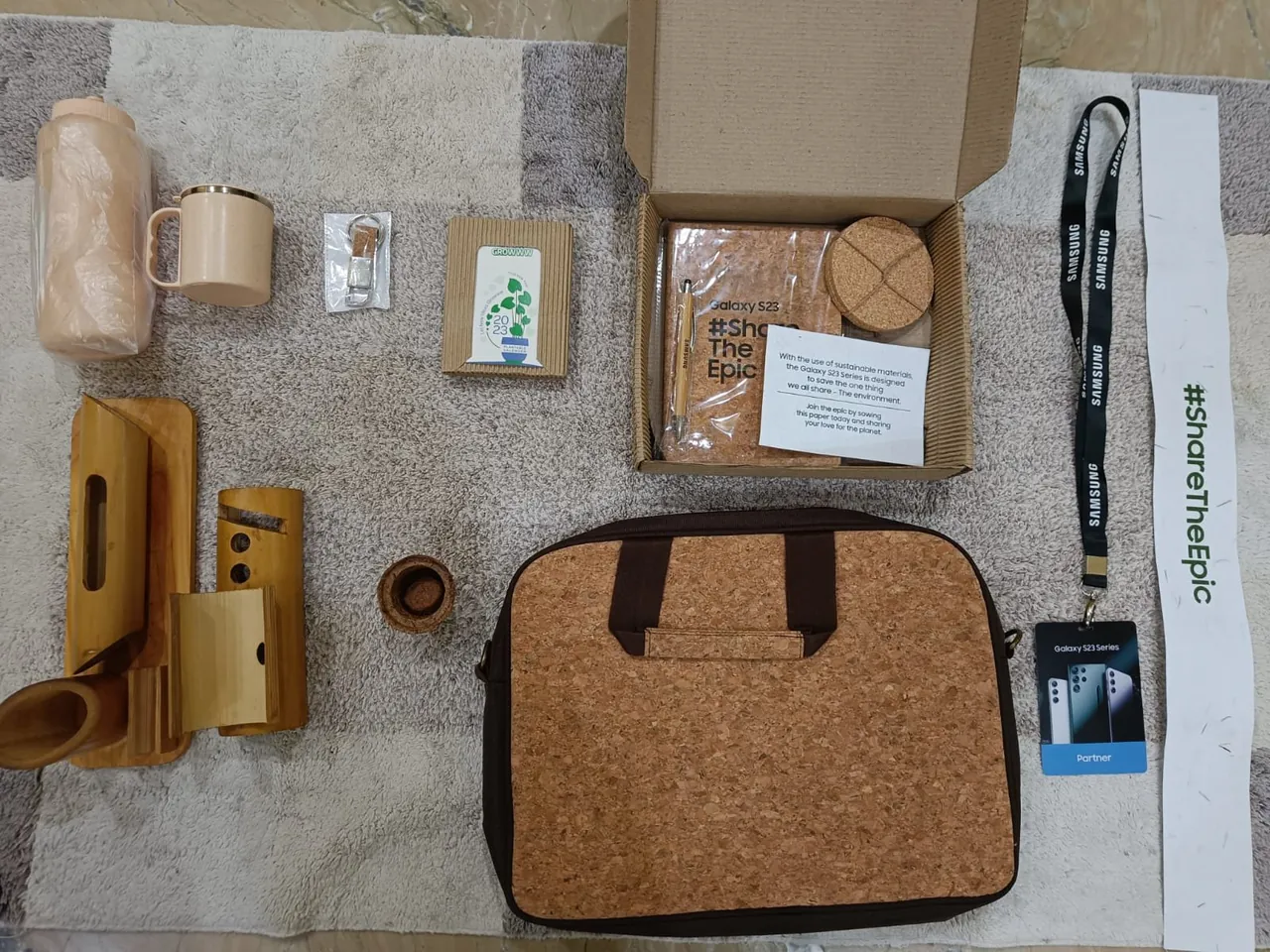 Cork bag, bamboo desk set and seed kit