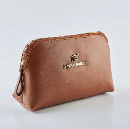 Leather pouch with a personalised name plate